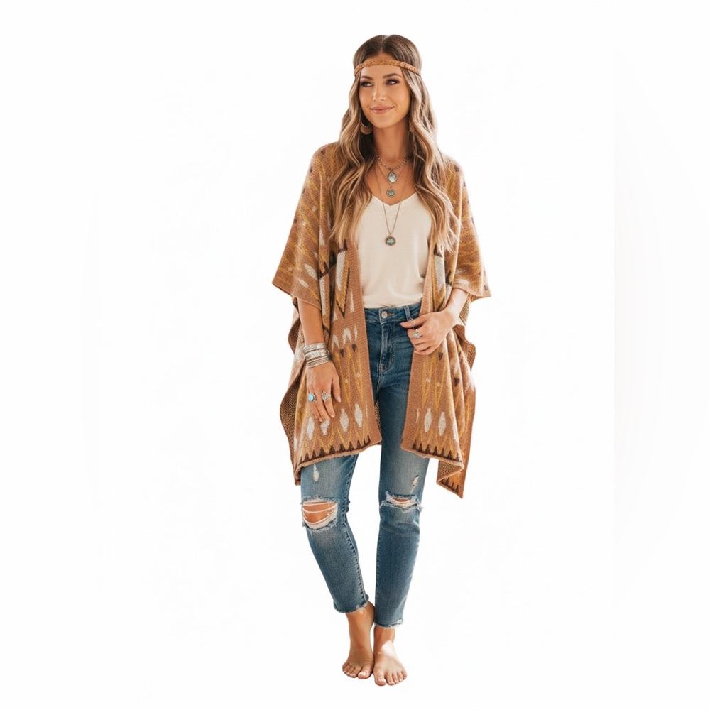 Umgee Boho Gypsy Knit Open Front Knit Sweater Cardigan Poncho Size Medium/Large